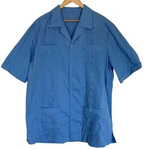 KS Island Mens Short Sleeve Button Front Cuban Miami Shirt Size XLT Blue Pockets